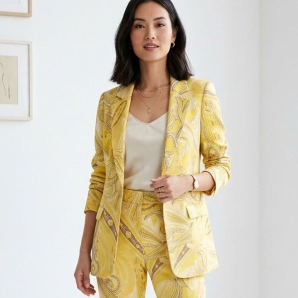 INC International Concepts Satin Blazer Tan Yellow Paisley Single-breasted Sz S